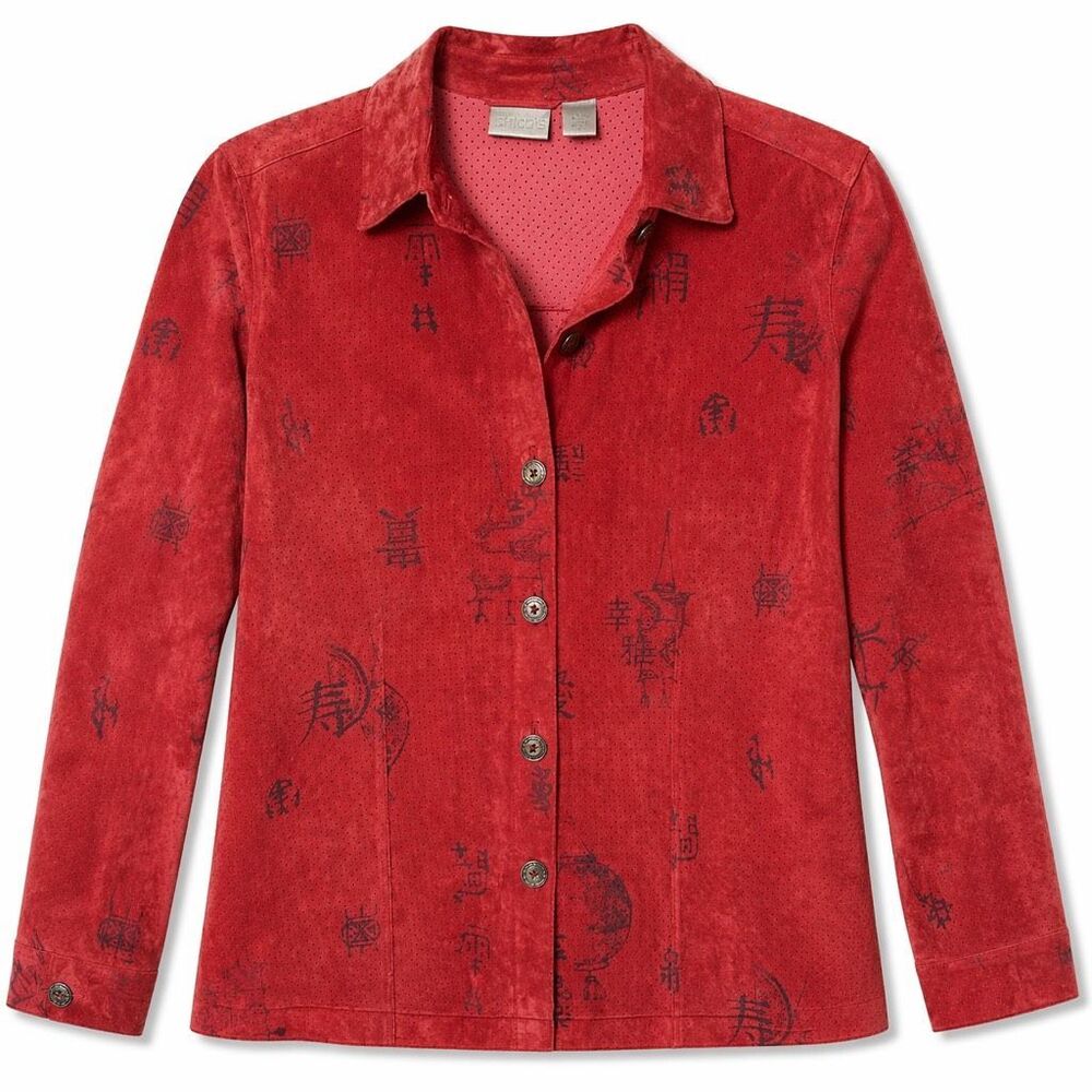 Chico’s Perforated Leather Jacket Shacket Red Print Button Front Women 1